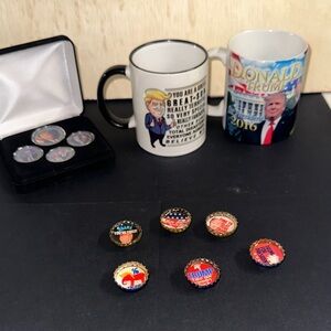 President Donald Trump set: 2 coffee mugs, collector coins & bottle cap magnets